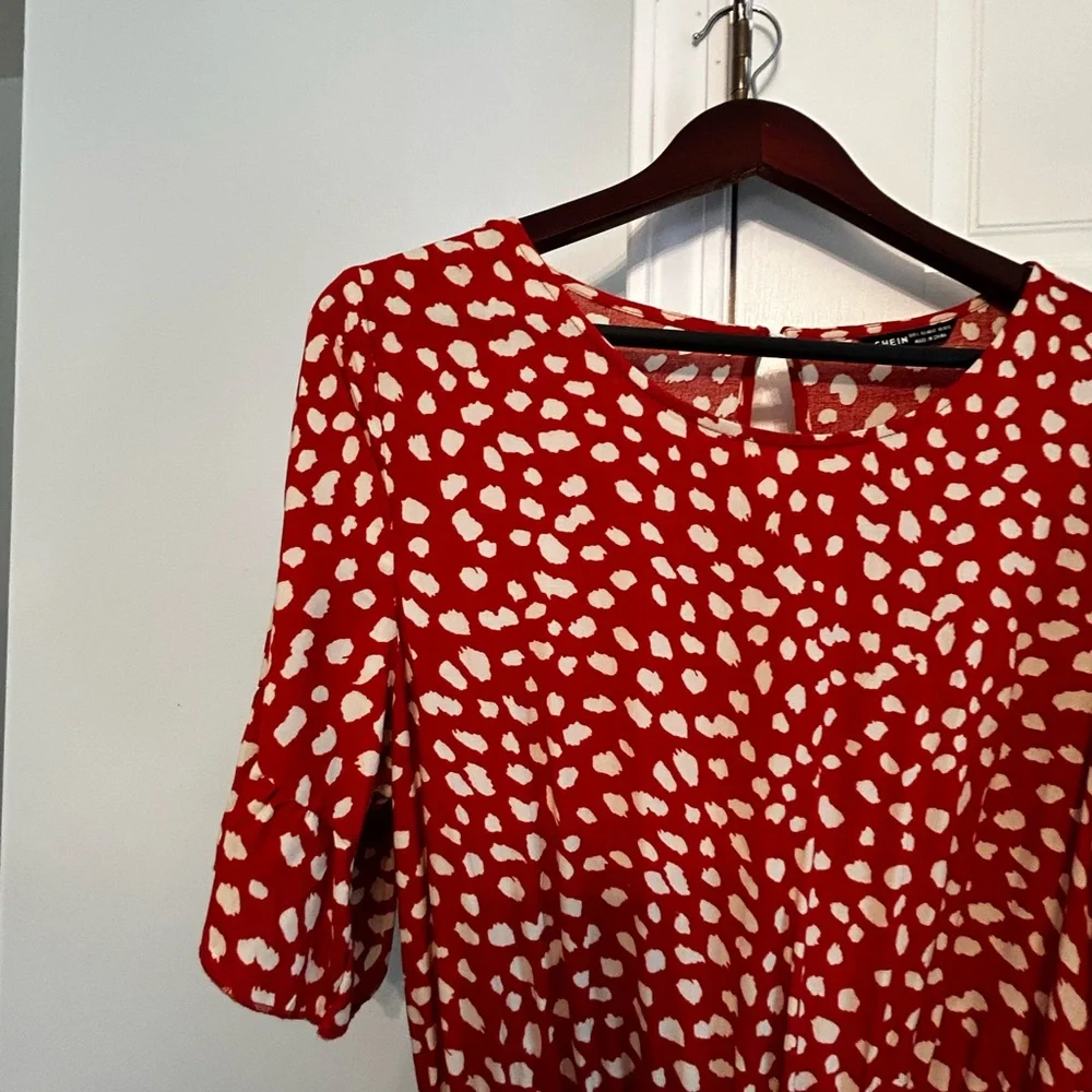 Belted Dalmatian Print Ruffle Trim Dress, Sz L - Picture 4 of 13